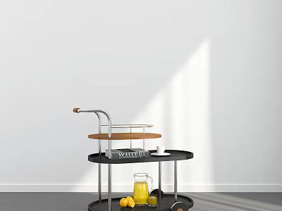 Wheeled Cart With Two Tiers Wooden Tray Book Cup Glass Jar Orange Juice And Lemons 3d model