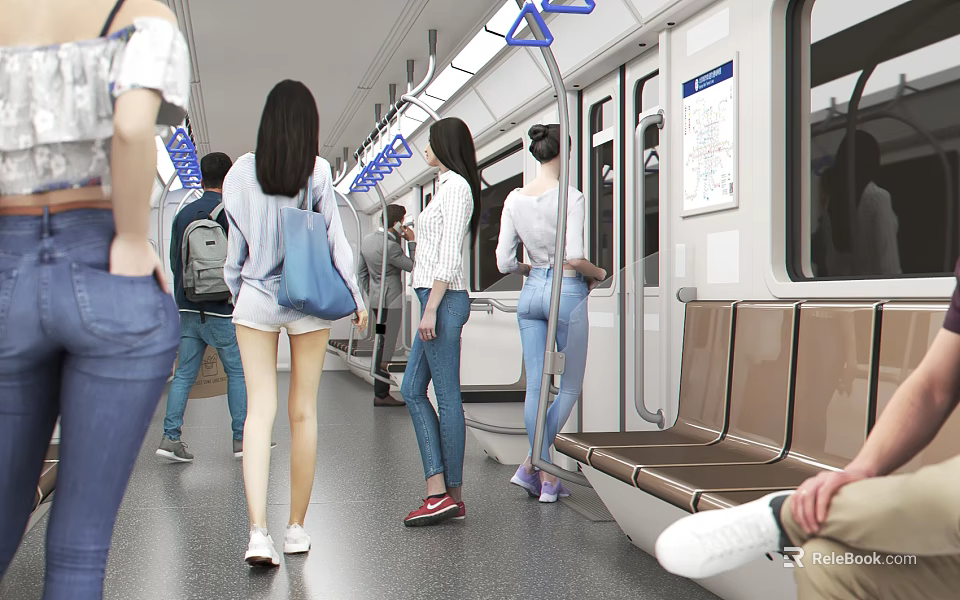 People Commuting In Subway Train Carriage With Standing And Seated Passengers 3d model 