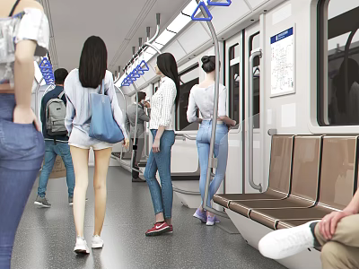 People Commuting In Subway Train Carriage With Standing And Seated Passengers 3d model