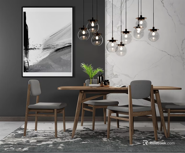 Wooden Dining Table Set With Gray Chairs Glass Pendant Lights And Abstract Painting 3d model 