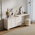 Elegant White Dressing Table With LED Mirror Plush Stool And Decorative Items