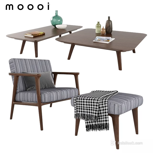 Modern Comfortable Striped Fabric Accent Chair With Wooden Frame Ottoman And Coffee Table 3d model 