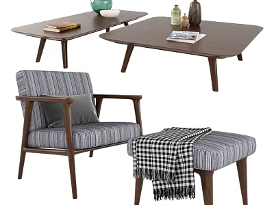 Modern Comfortable Striped Fabric Accent Chair With Wooden Frame Ottoman And Coffee Table 3d model