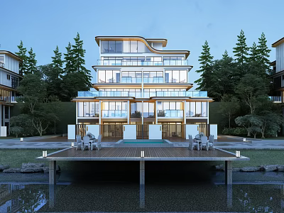 Luxury Modern Detached Villa With Waterfront Dock Large Glass Windows And Surrounding Trees 3d model