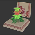 Green Multi Tiered Pagoda Model With Red Traditional Patterned Card And Decorative Base