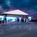 Stage with Purple Blue Lighting Large Screens Ocean Sky Scenes Reflective Floor and Lighting Equipment
