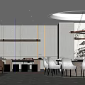 Modern Private Dining Room Interior With Round Table And Pendant Lights 3d model