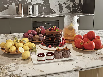 Fresh Assorted Fruits Like Lemon Apple Grape on Modern Kitchen Countertop with Chocolate Cake Desserts 3d model