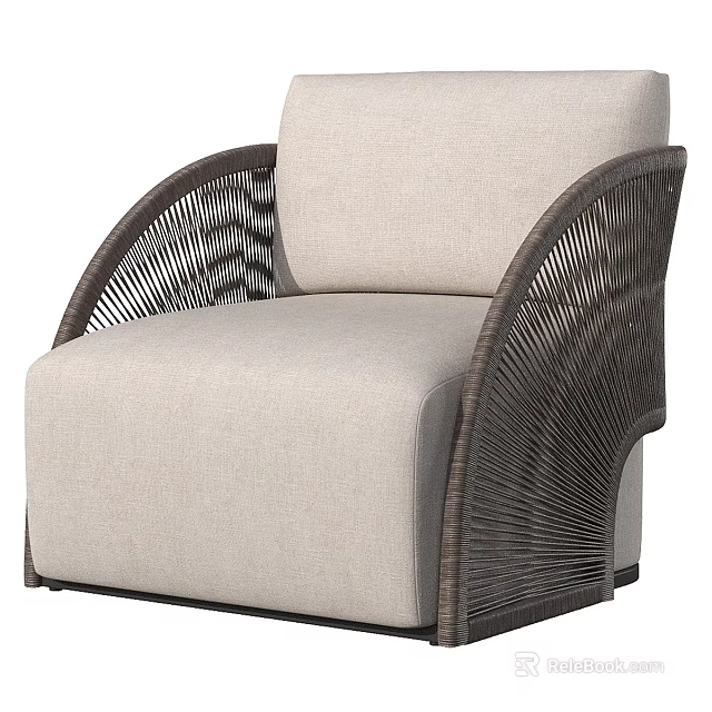 Elegant Outdoor Sofa with Rattan Woven Armrests and Beige Fabric Cushion 3d model 