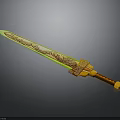 Ornate Green And Gold Sword With Intricate Carvings On Blade And Yellow Brown Hilt