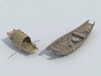 Two Traditional Wooden Boats with Bamboo Canopy Open Hull and Wooden Paddles 3d model
