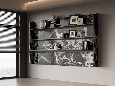 Modern Wall Mounted Marble Patterned Bookshelf With Decorative Items Photo Frames And Sculptures 3d model