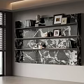 Modern Wall Mounted Marble Patterned Bookshelf With Decorative Items Photo Frames And Sculptures