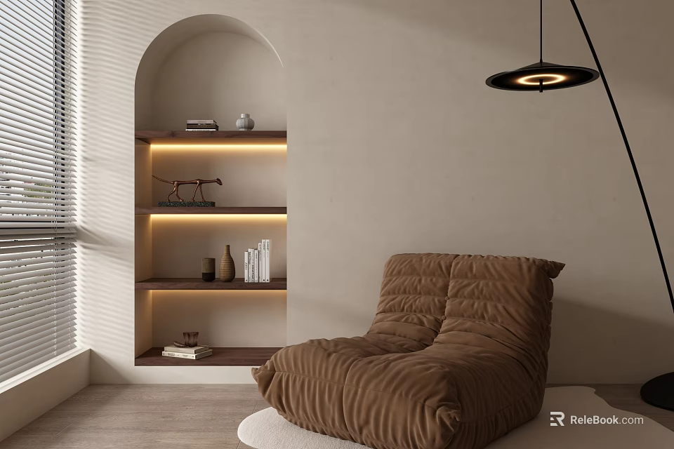 Cozy Brown Bean Bag Chair In Modern Room With Arched Niche Shelves And Floor Lamp 3d model 