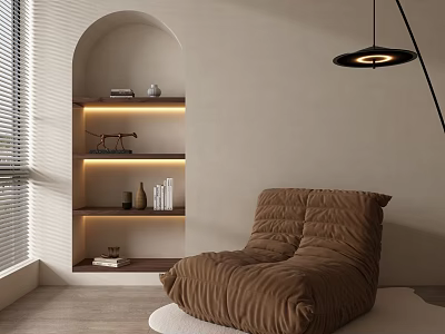 Cozy Brown Bean Bag Chair In Modern Room With Arched Niche Shelves And Floor Lamp 3d model