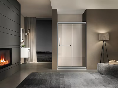 Modern Bathroom Interior With Glass Shower Enclosure Vanity Mirror Floor Lamp And Gray Rug 3d model