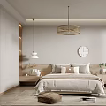 Modern Bedroom Interior Design With Bed Pillows Wooden Bedside Tables Wall Clock And Pendant Light