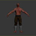 Muscular Shirtless Man with Red Skin Horns Brown Pants and Silver Leg Guards