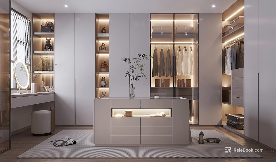 Modern Walk In Closet Interior With Shelves Dressing Table And Plant 3d model 