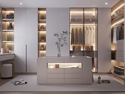 Modern Walk In Closet Interior With Shelves Dressing Table And Plant 3d model