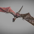 Mythical Reptile With Red Wings And Scaly Body Flying In Gray Background