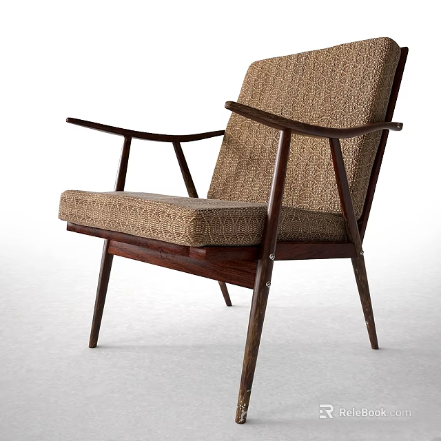 Vintage Lounge Chair With Wooden Frame Patterned Fabric Armrests And Comfortable Seat 3d model 