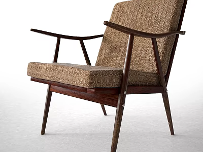 Vintage Lounge Chair With Wooden Frame Patterned Fabric Armrests And Comfortable Seat 3d model