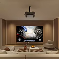 Modern Home Theater Room With Comfortable Sofa Projector Warm Lighting And Wooden Panels