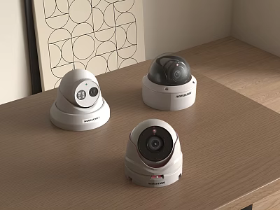 Projection Monitoring With Three Surveillance Cameras On Wooden Table And Geometric Pattern Painting In Background 3d model
