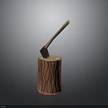 Decorative Axe Weapon With Wooden Handle And Metal Head Embedded In Stripped Red Tree Stump