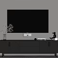 Modern Dark TV Stand With Vase Plant Statue And Books Under Wall TV
