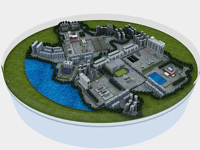 Commercial Equipment For Urban Model Display With Buildings Green Areas And River 3d model