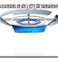 Modern Exhibition Hall Ceiling Design With Circular Ring Structure Blue Lighting And LOGO