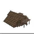 Ancient Traditional Wooden Building With Thatched Roof And Multiple Structural Details