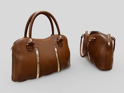 Classic Brown Leather Handbag Featuring Gold Stripes And Sturdy Handles 3d model