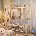 Cozy Bedroom Interior With White Garment Rack Light Apparel Storage Baskets Hats Shoes Bed Curtains
