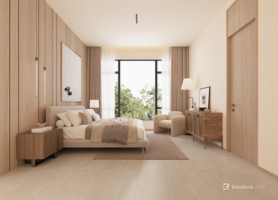 Contemporary Wooden Bedroom Interior Design With Large Bed Nightstand Table Lamp And Window Chair 3d model 