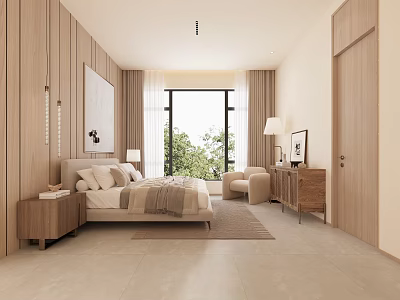 Contemporary Wooden Bedroom Interior Design With Large Bed Nightstand Table Lamp And Window Chair 3d model