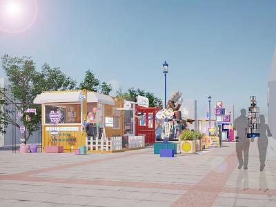 Vibrant Commercial Street With Colorful Stalls Street Lamps Trees And Pedestrians On Sunny Day 3d model