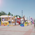 Vibrant Commercial Street With Colorful Stalls Street Lamps Trees And Pedestrians On Sunny Day