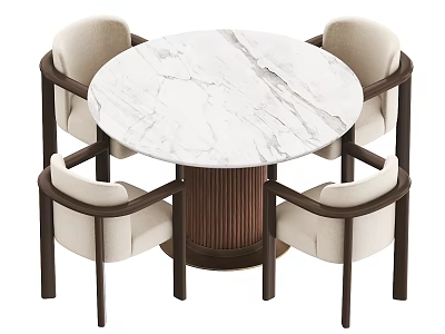 Round Marble Top Dining Table Set With Brown Base And Four Wooden Frame Light Seats 3d model