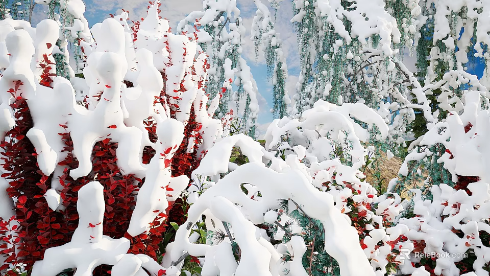 Scenic Winter Landscape With Snow Covered Red Flowers And Frosted Branches Under Blue Sky 3d model 
