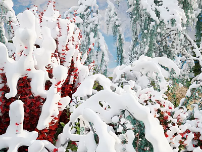 Scenic Winter Landscape With Snow Covered Red Flowers And Frosted Branches Under Blue Sky 3d model
