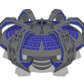 Futuristic Blue Purple Hovering Vehicle With Illuminated Grid Panels And Complex Structure