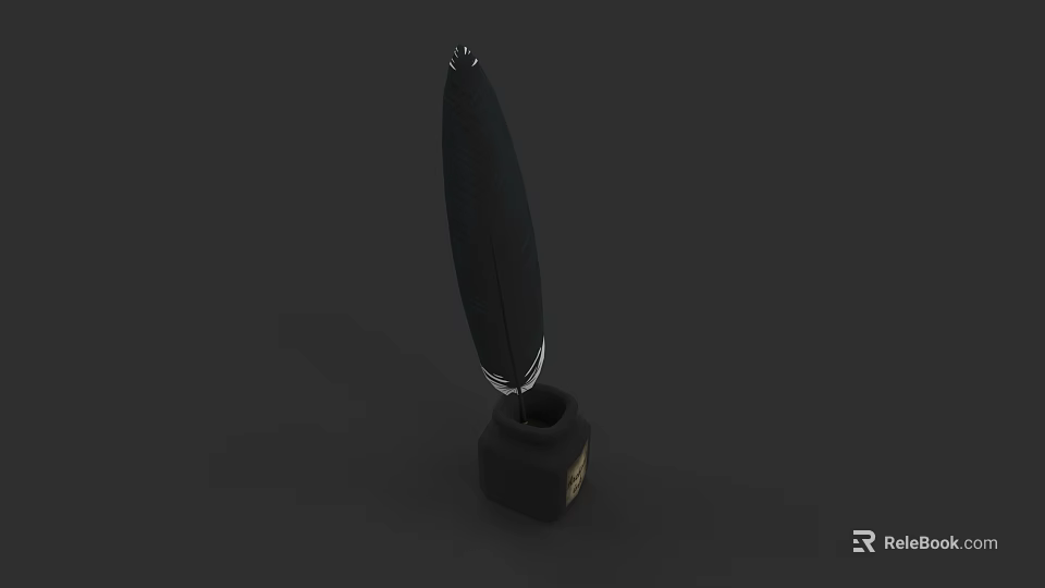 Black Feather Pen with Silver Accents Placed on Black Inkwell with Golden Logo 3d model 