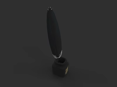 Black Feather Pen with Silver Accents Placed on Black Inkwell with Golden Logo 3d model