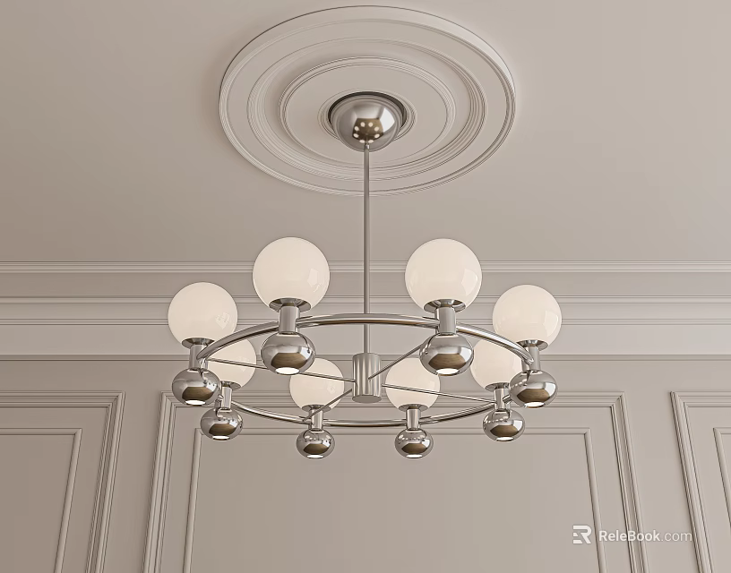Modern Chandelier with White Globe Shades and Silver Metal Frame Ceiling Medallion Paneled Walls Interior 3d model 