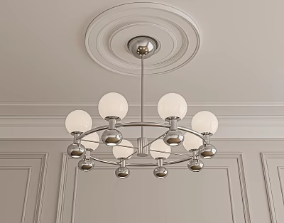 Modern Chandelier with White Globe Shades and Silver Metal Frame Ceiling Medallion Paneled Walls Interior 3d model