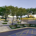 Modern Plaza Landscape Design With Tiered Steps Green Trees And Geometric Ground Pattern