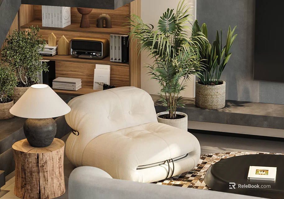 Comfortable Beige Single Sofa with Wooden Stump Lamp Green Plants and Modern Living Room Decor 3d model 